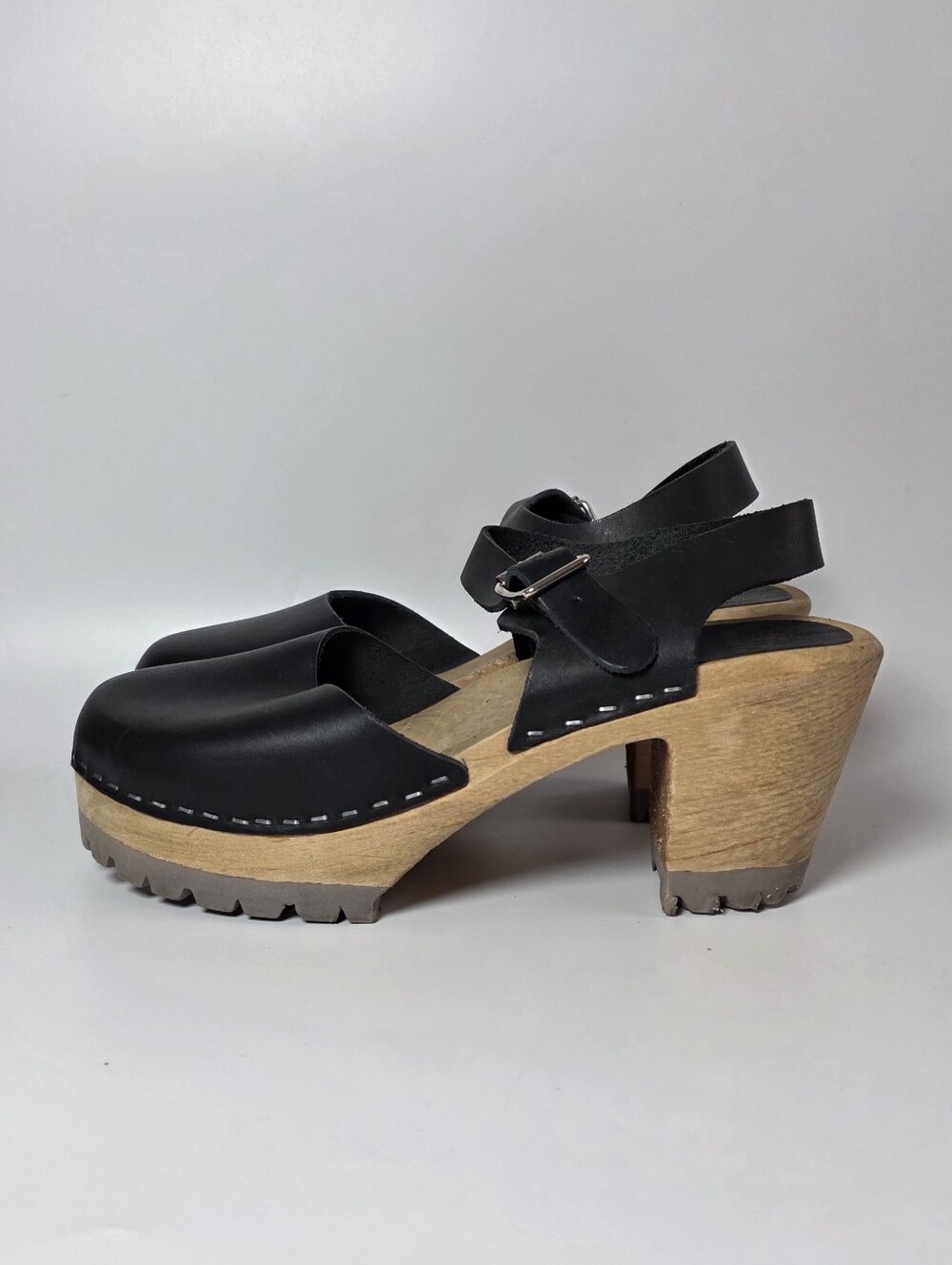 Mia Abba Swedish Clogs Wooden Base Buckled Ankle Strap Size 38